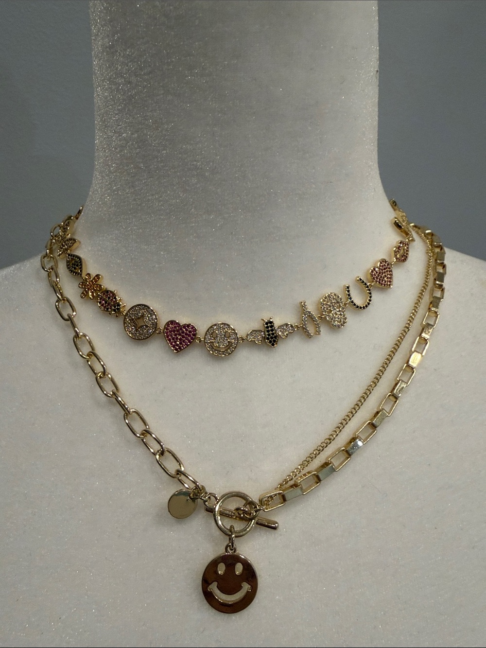 Layered Heart & Smiley Charm Necklace Set of 2